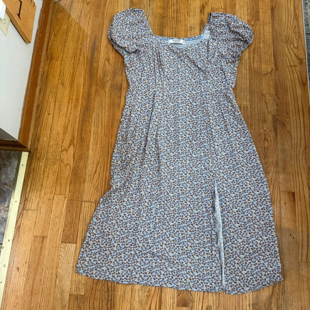 Idyllwind Beth Dress XL Blue Caramel Floral Puff Sleeve Midi Slit Smocked Boho